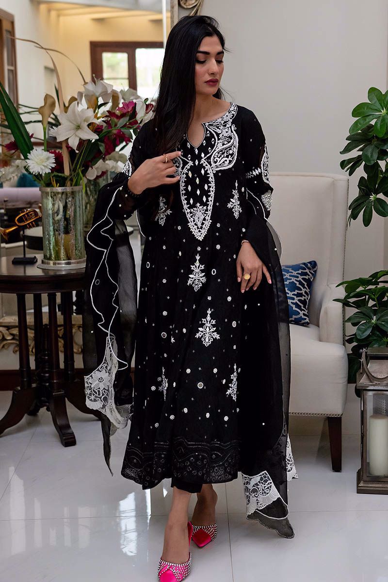 Pakistani Black Mirror Work Cotton Net Kalidar (3-Piece) - Image 2
