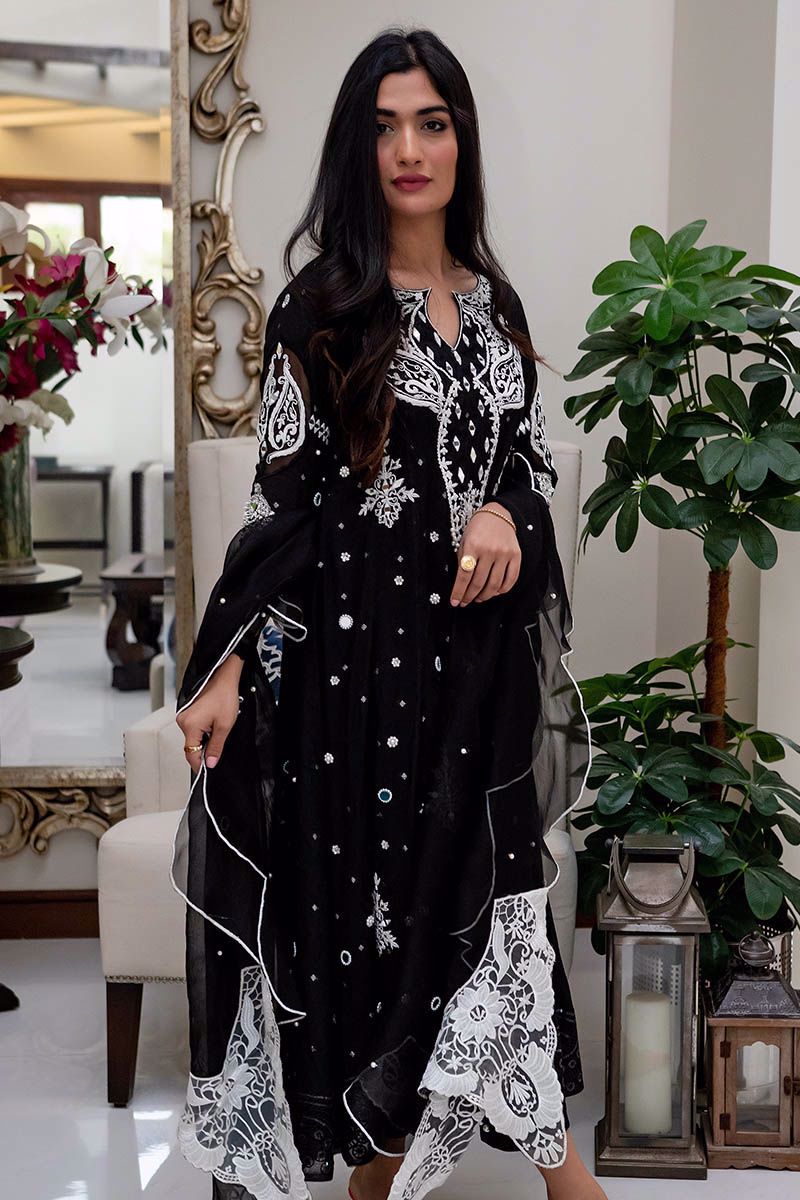 Pakistani Black Mirror Work Cotton Net Kalidar (3-Piece) - Image 3