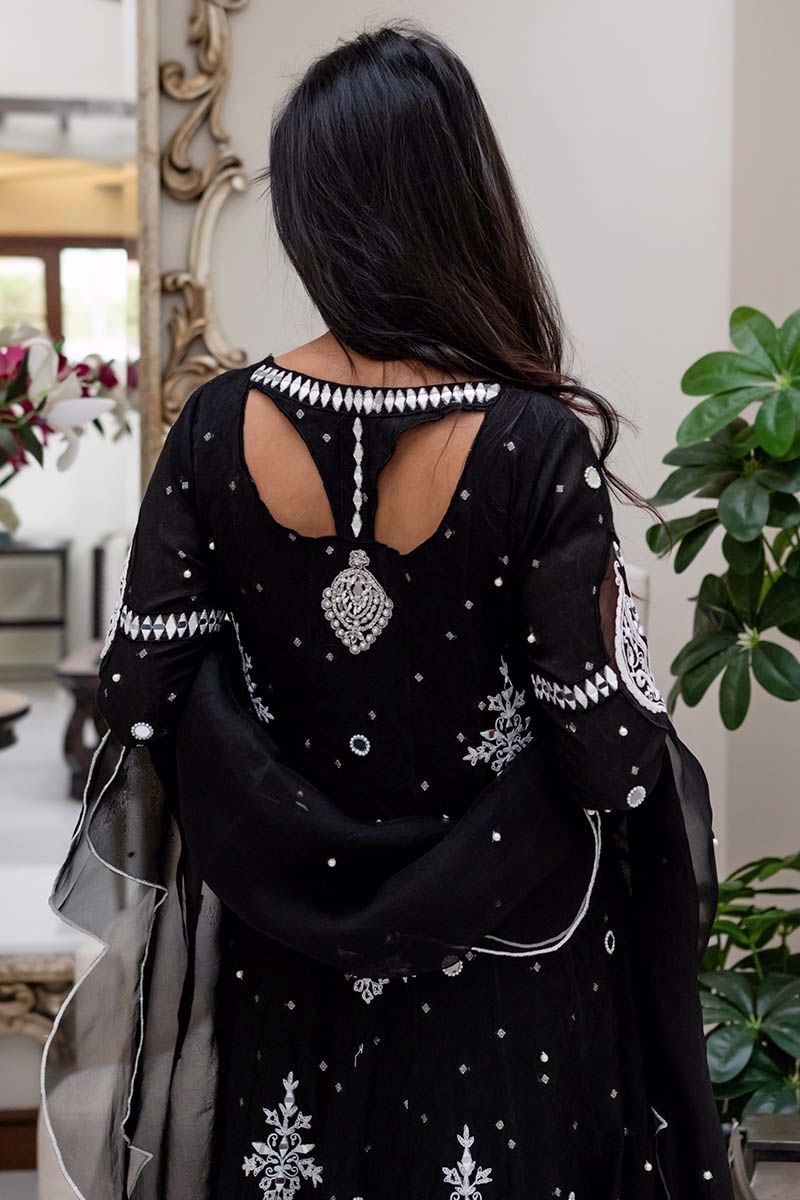 Pakistani Black Mirror Work Cotton Net Kalidar (3-Piece) - Image 4