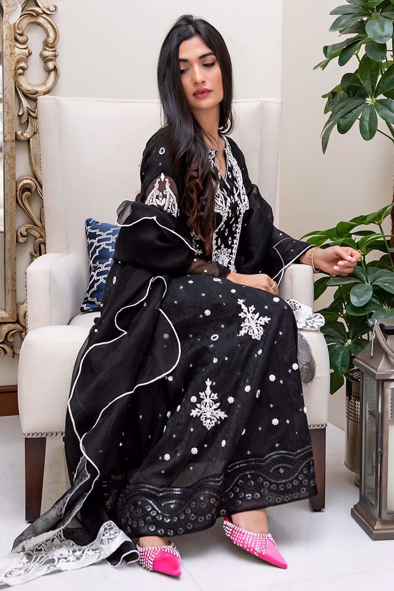 Pakistani Black Mirror Work Cotton Net Kalidar (3-Piece) - Image 6