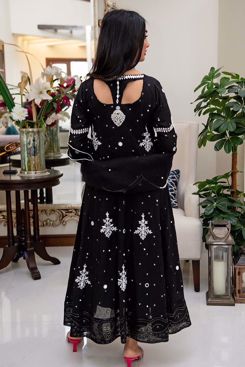Pakistani Black Mirror Work Cotton Net Kalidar (3-Piece) - Image 7
