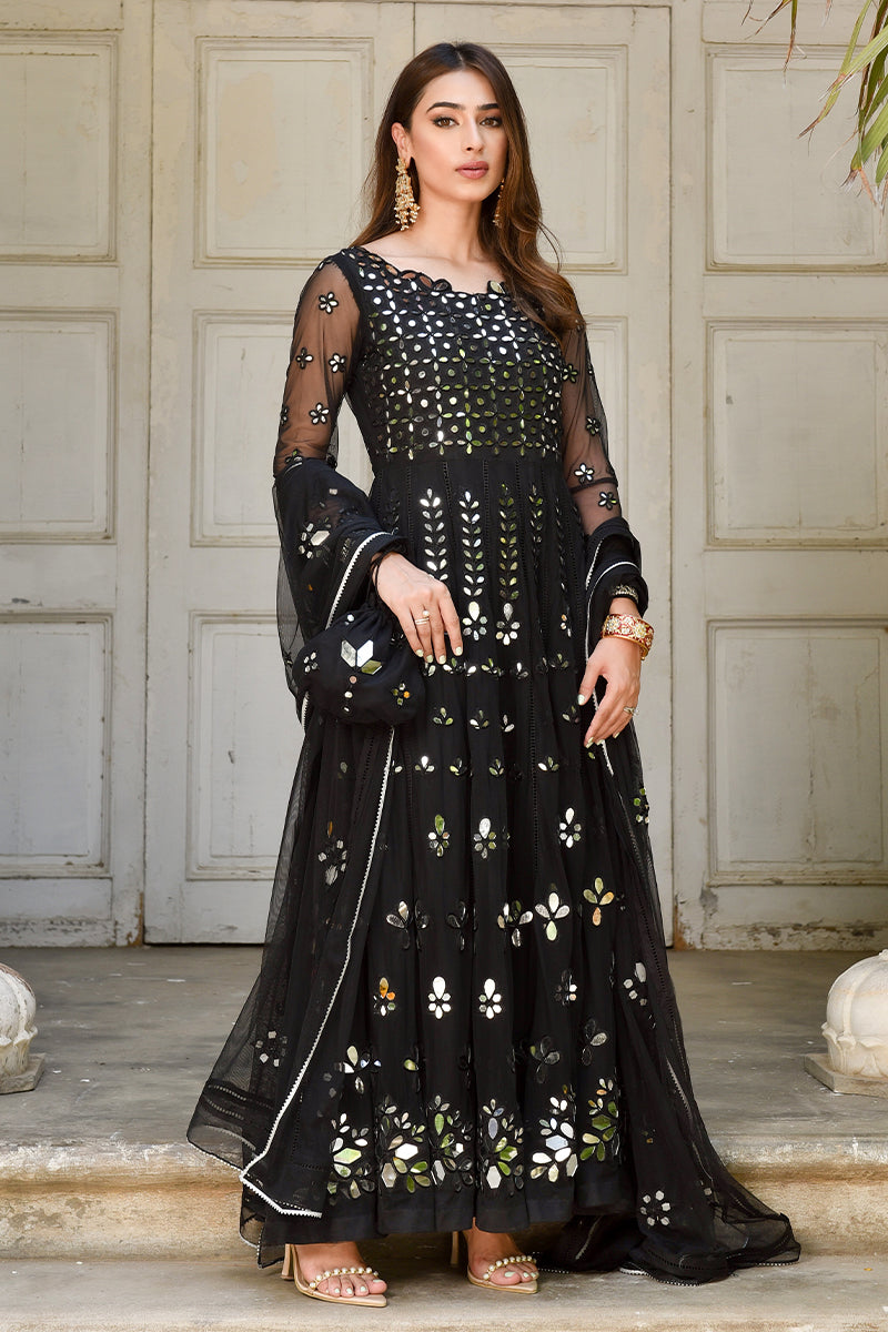 Pakistani Black Sheesha & Aari Embroidered Net Kalidar (3-Piece) - Image 1