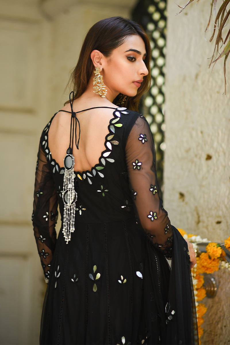 Pakistani Black Sheesha & Aari Embroidered Net Kalidar (3-Piece) - Image 5