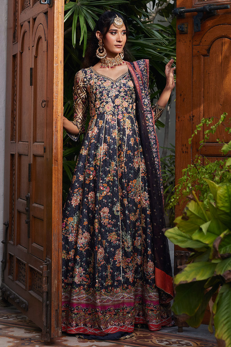 Pakistani Charcoal Black Embellished Raw Silk Kalidar (2-Piece) - Image 1