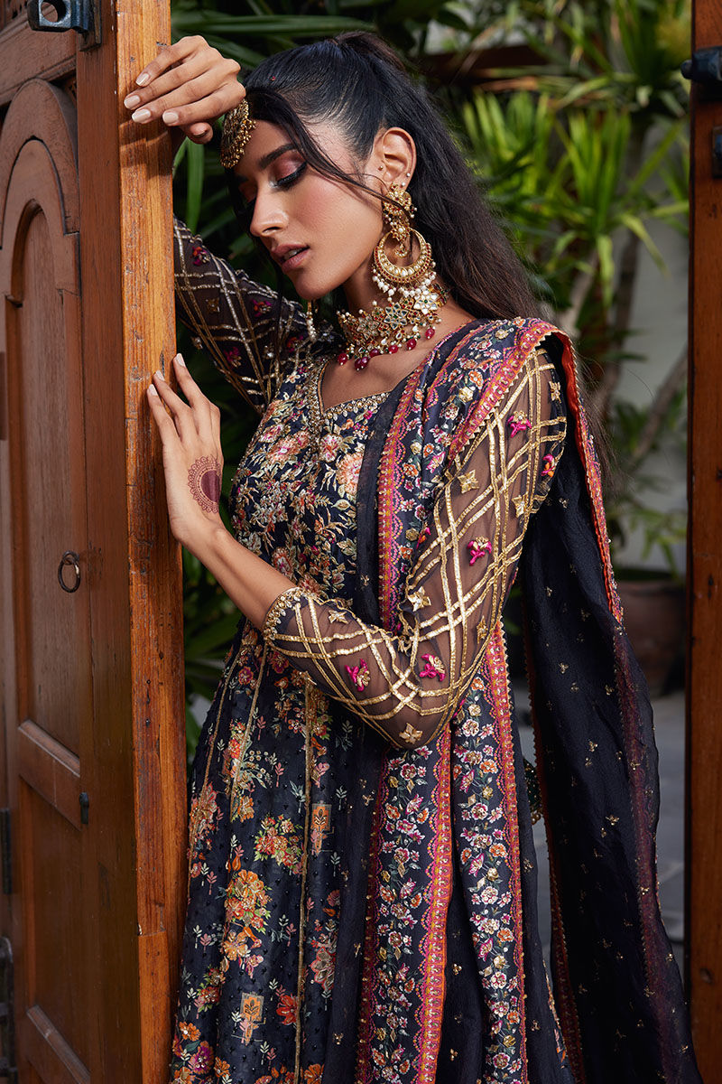 Pakistani Charcoal Black Embellished Raw Silk Kalidar (2-Piece) - Image 2