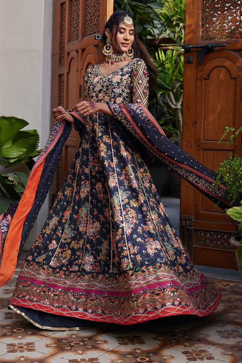 Pakistani Charcoal Black Embellished Raw Silk Kalidar (2-Piece) - Image 4