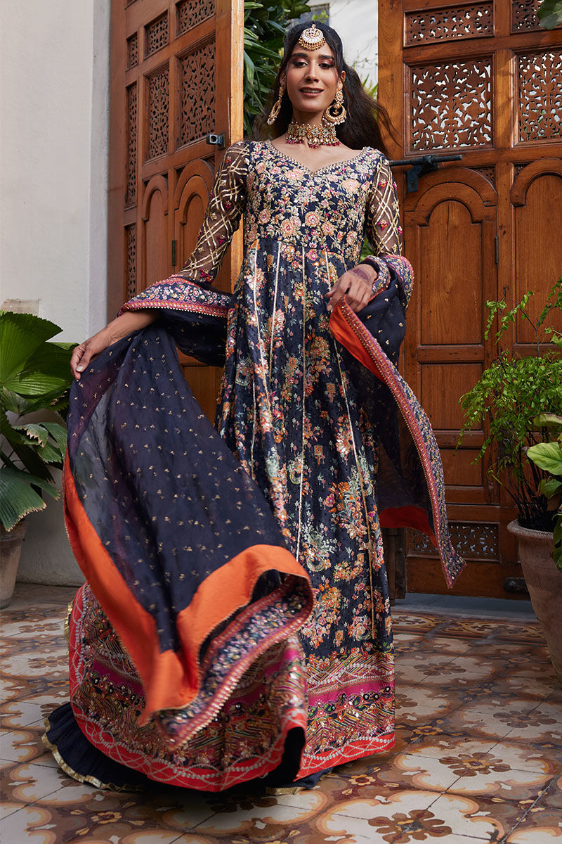 Pakistani Charcoal Black Embellished Raw Silk Kalidar (2-Piece) - Image 5