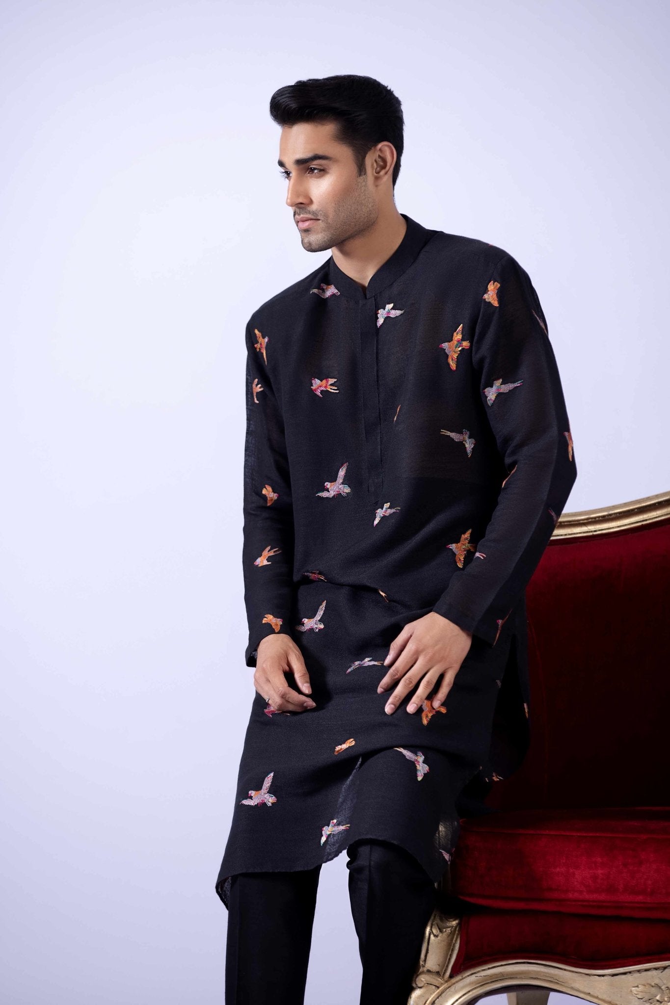 Black Embroidered Cotton Kurta (2-Piece) - Image 3