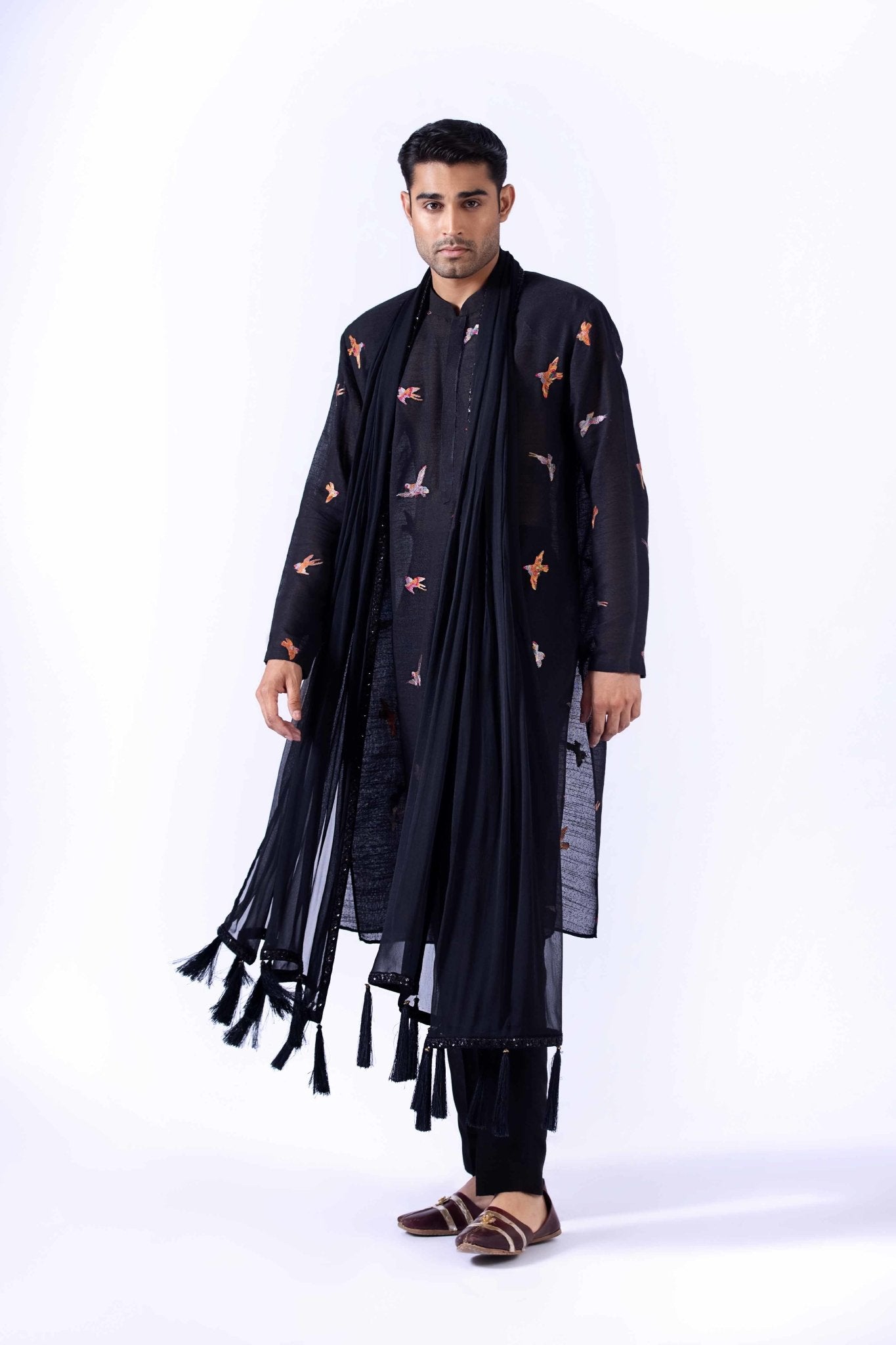 Black Embroidered Cotton Kurta (2-Piece) - Image 4