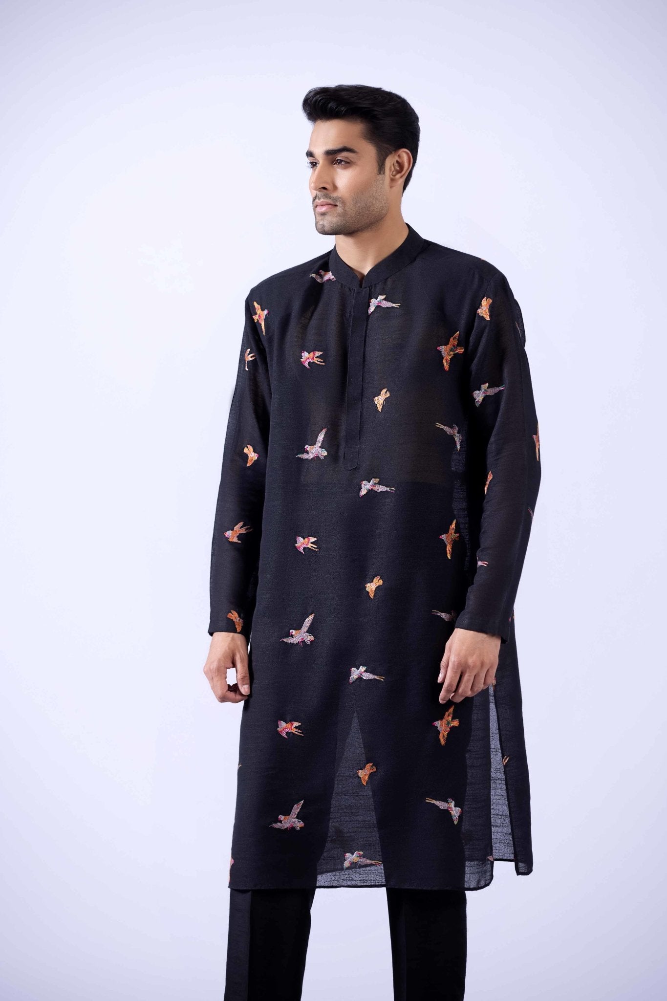 Black Embroidered Cotton Kurta (2-Piece) - Image 5
