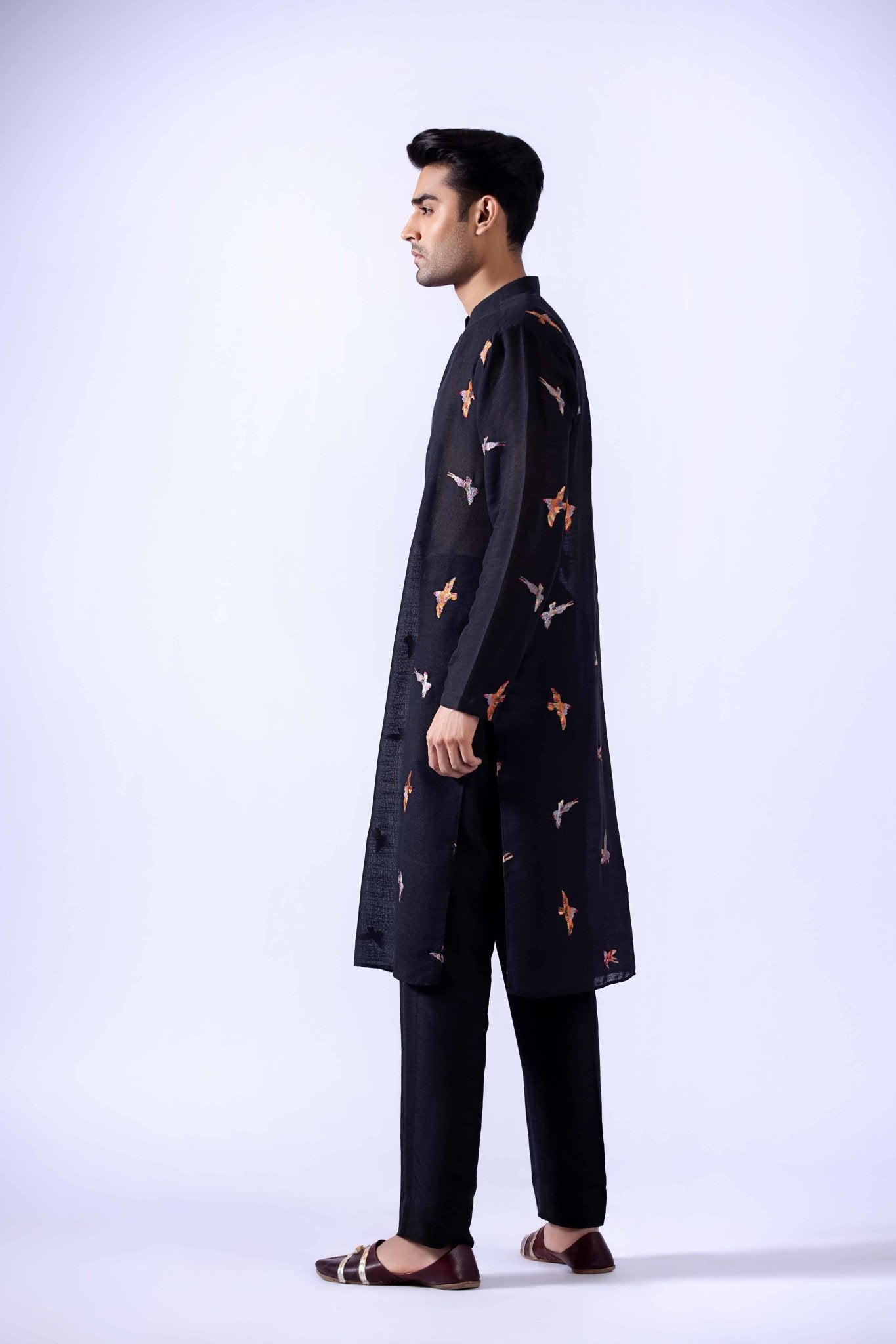 Black Embroidered Cotton Kurta (2-Piece) - Image 6