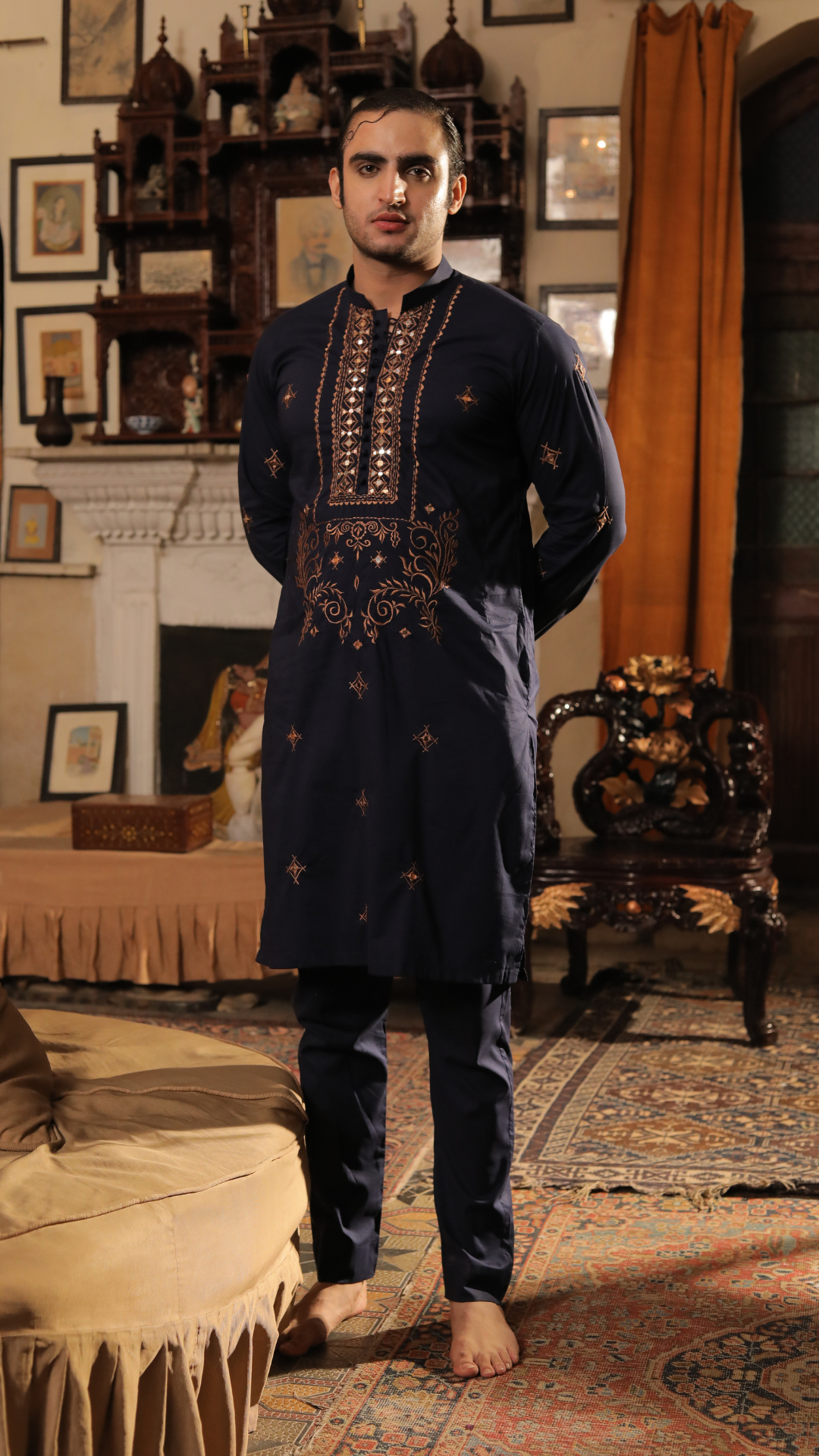 Black Mirror Work Cotton Kurta Set (2-Piece) - Image 2