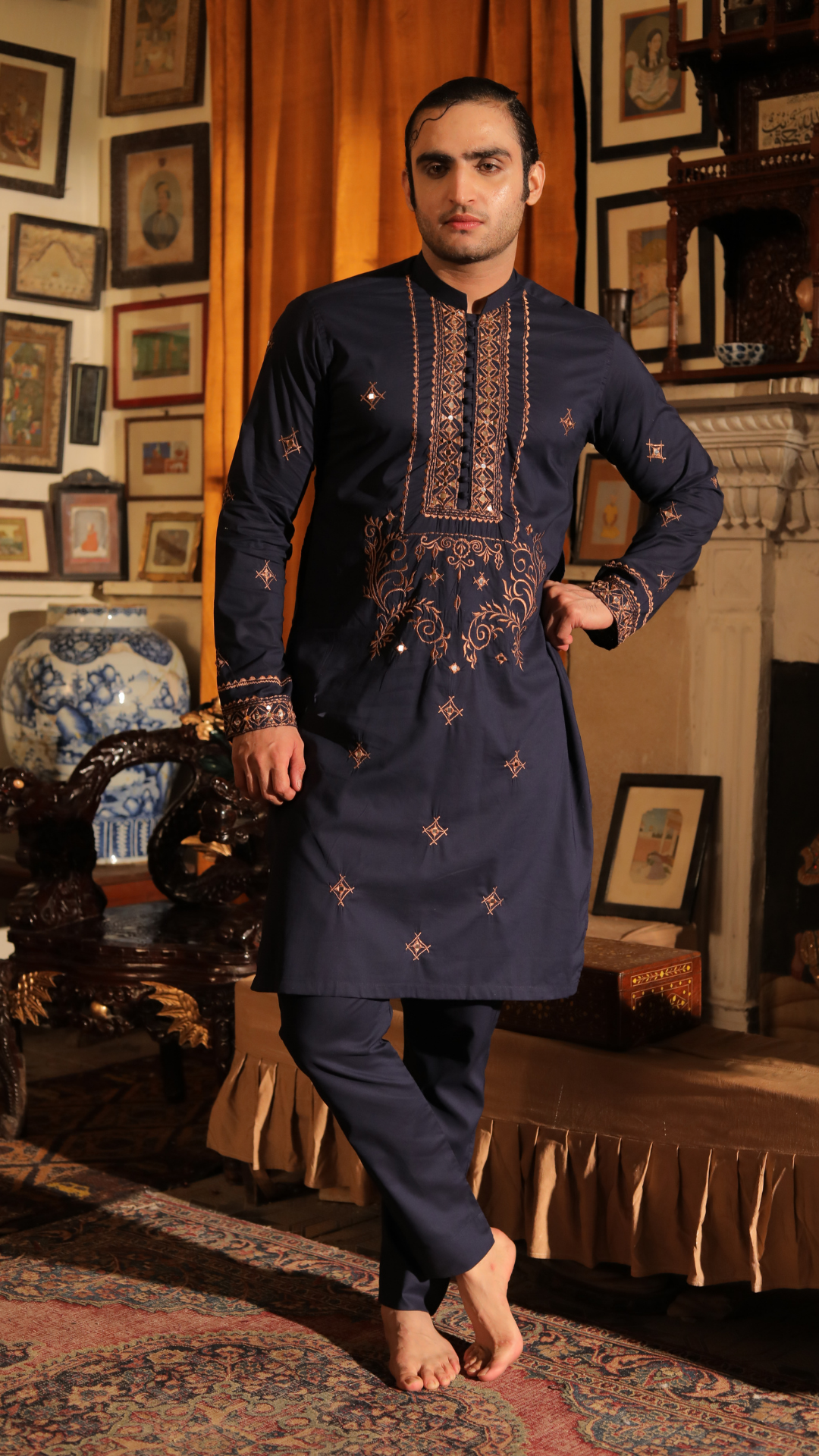 Black Mirror Work Cotton Kurta Set (2-Piece) - Image 6