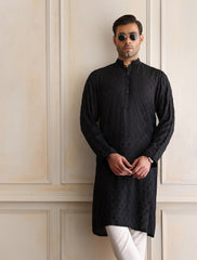 Black Tone-on-Tone Embroidered Cotton-Silk Kurta (2-Piece) - Image 2