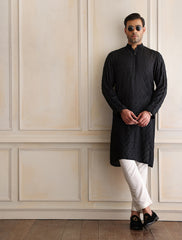 Black Tone-on-Tone Embroidered Cotton-Silk Kurta (2-Piece) - Image 3
