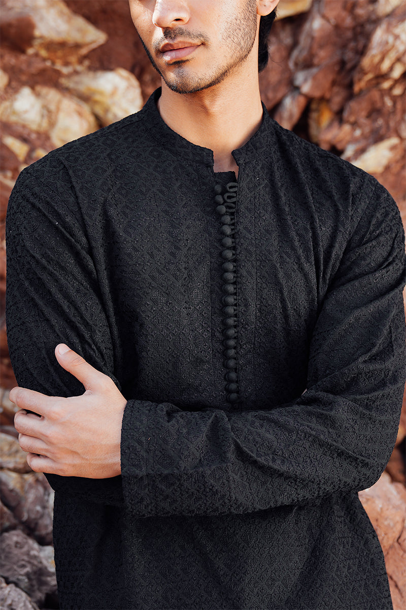Black Geometric Embroidered Kurta Pajama (2-Piece) - Image 3