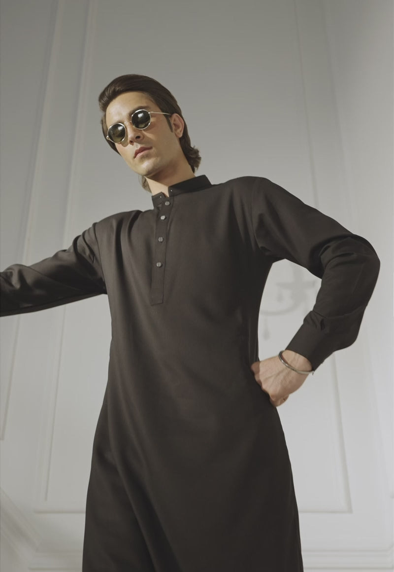 Black Blended Fabric Kurta Trouser Set (2-Piece) - Image 2