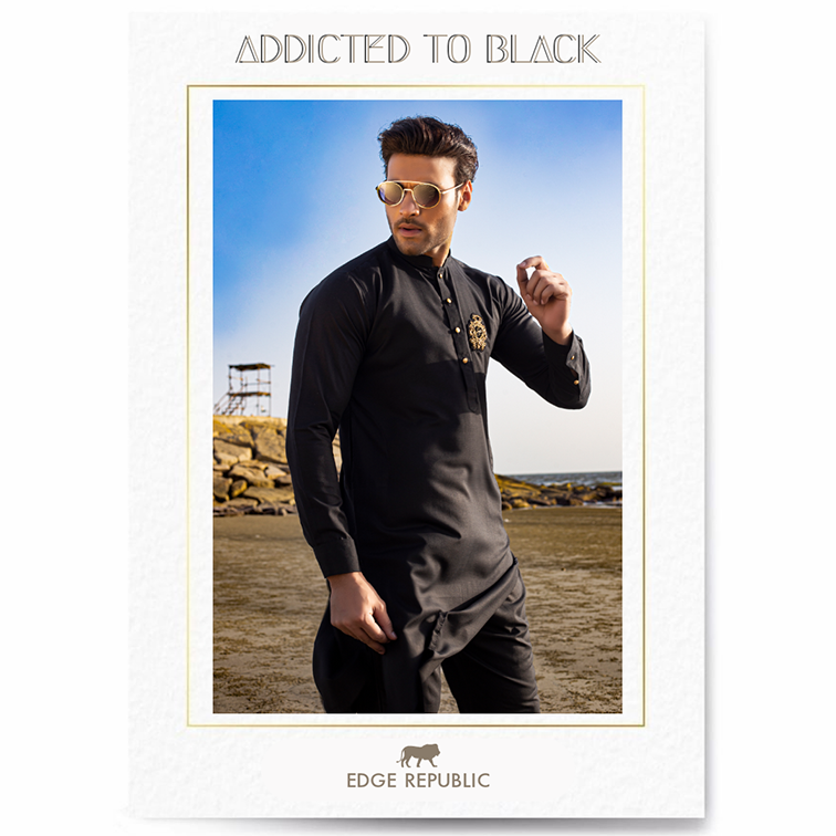 Black Gold Crest Embroidered Blended Kurta Pajama (2-Piece) - Image 5