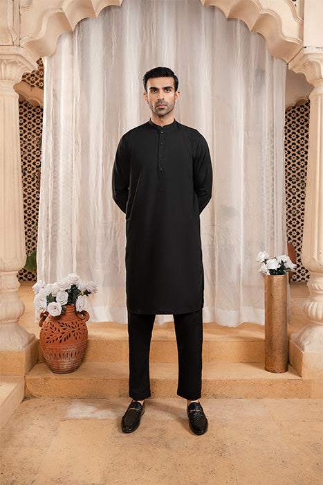 Black Blended Fabric Kurta Trouser Set (2-Piece) - Image 1
