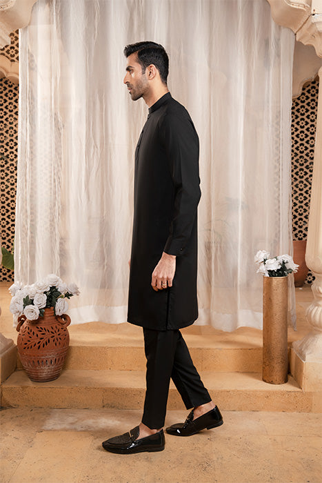Black Blended Fabric Kurta Trouser Set (2-Piece) - Image 3