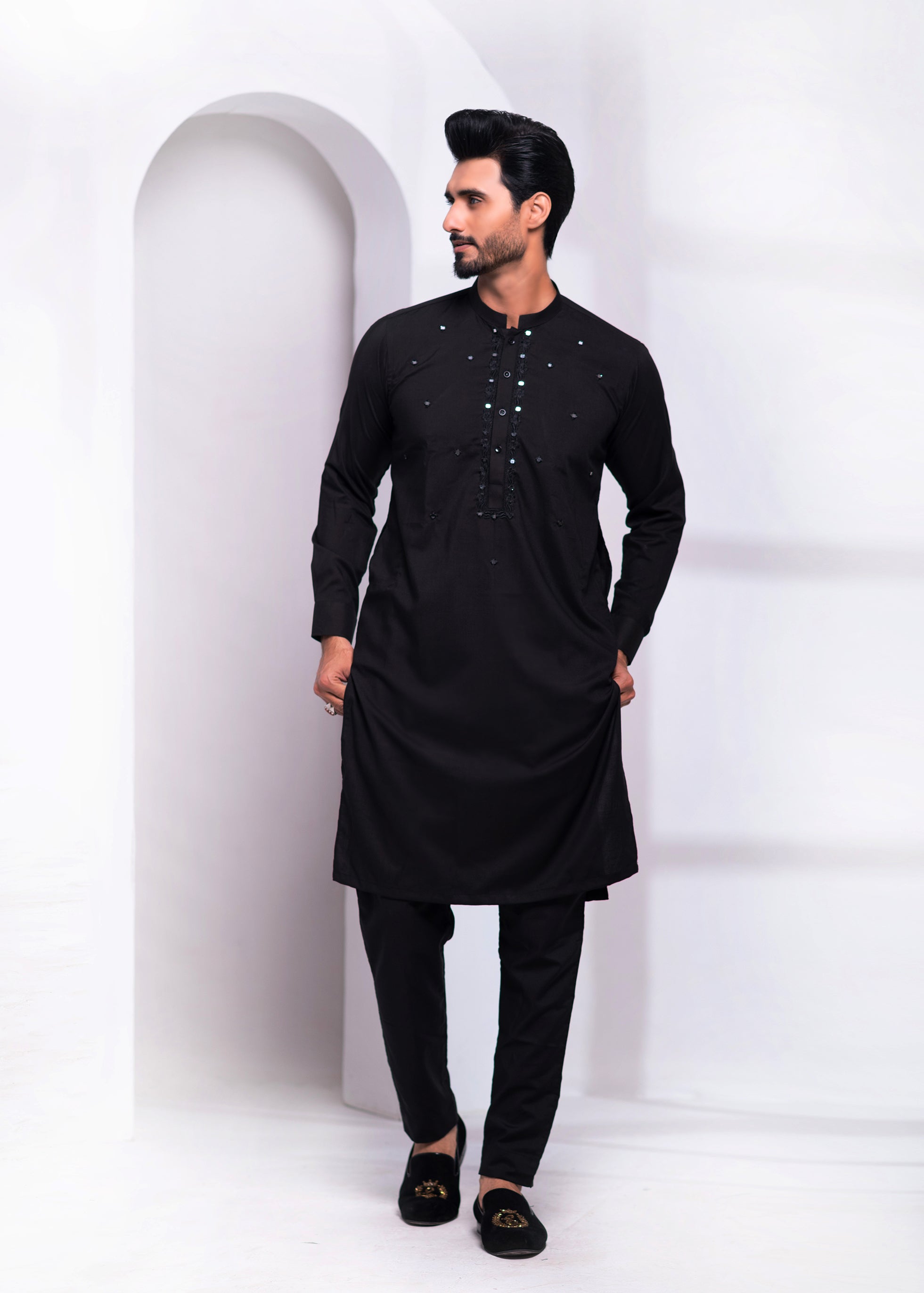 Black Mirror Embroidered Cotton Blend Kurta Pajama (2-Piece) - Image 2