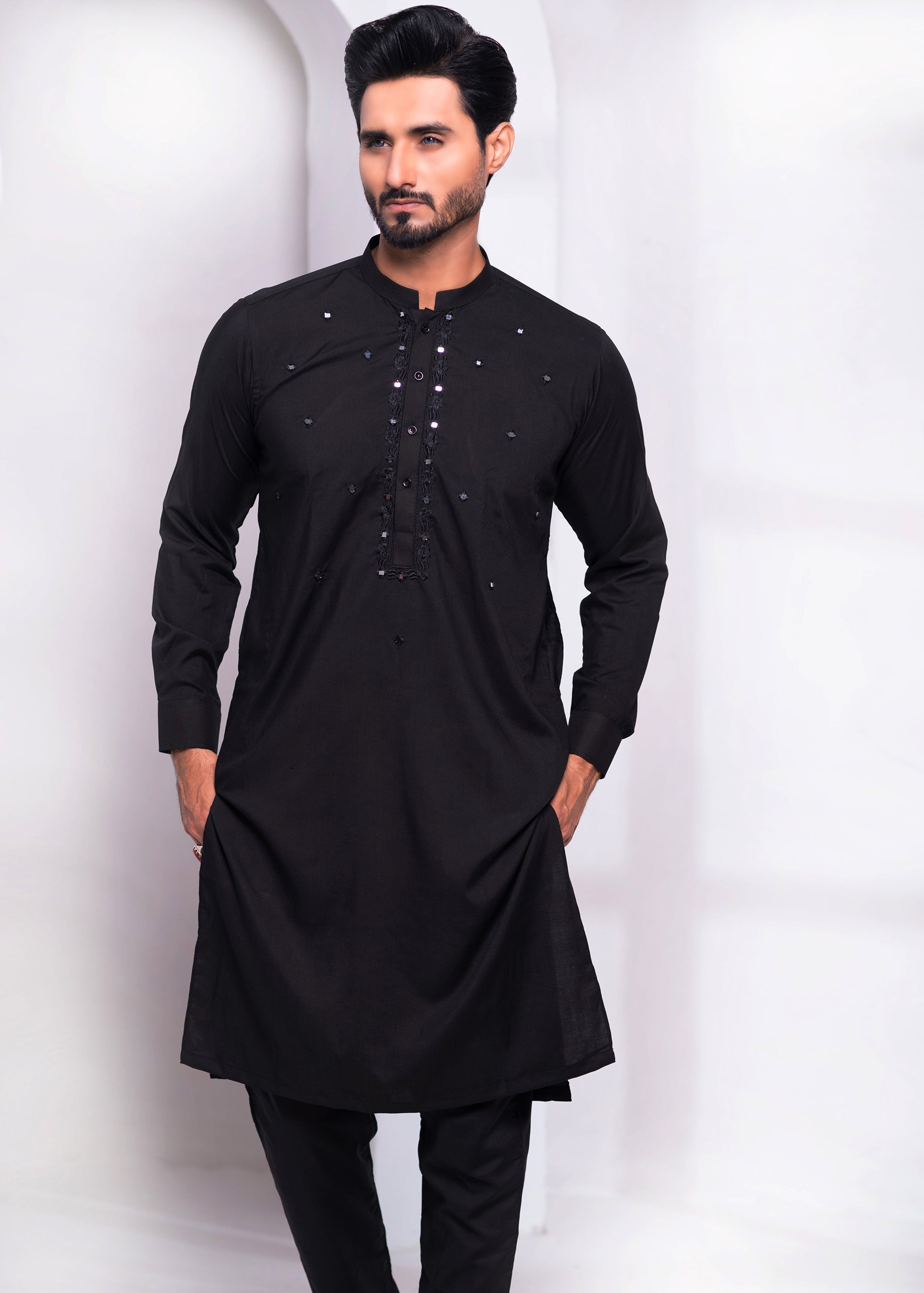 Black Mirror Embroidered Cotton Blend Kurta Pajama (2-Piece) - Image 4