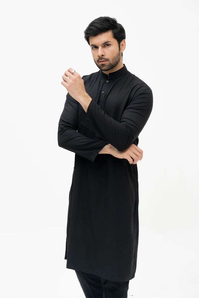 Black Cotton Blend Kurta Trouser Set (2-Piece) - Image 2