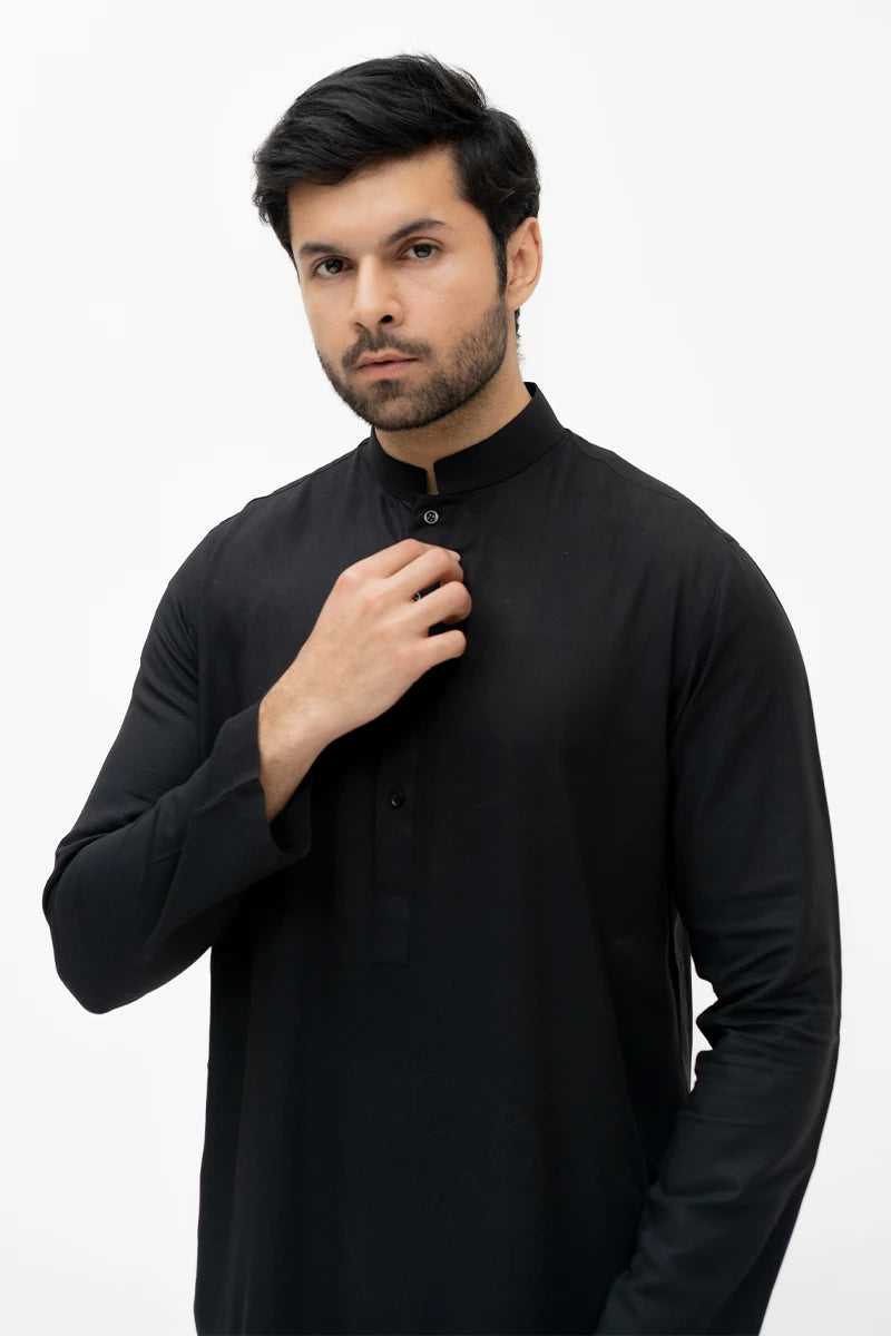 Black Cotton Blend Kurta Trouser Set (2-Piece) - Image 3