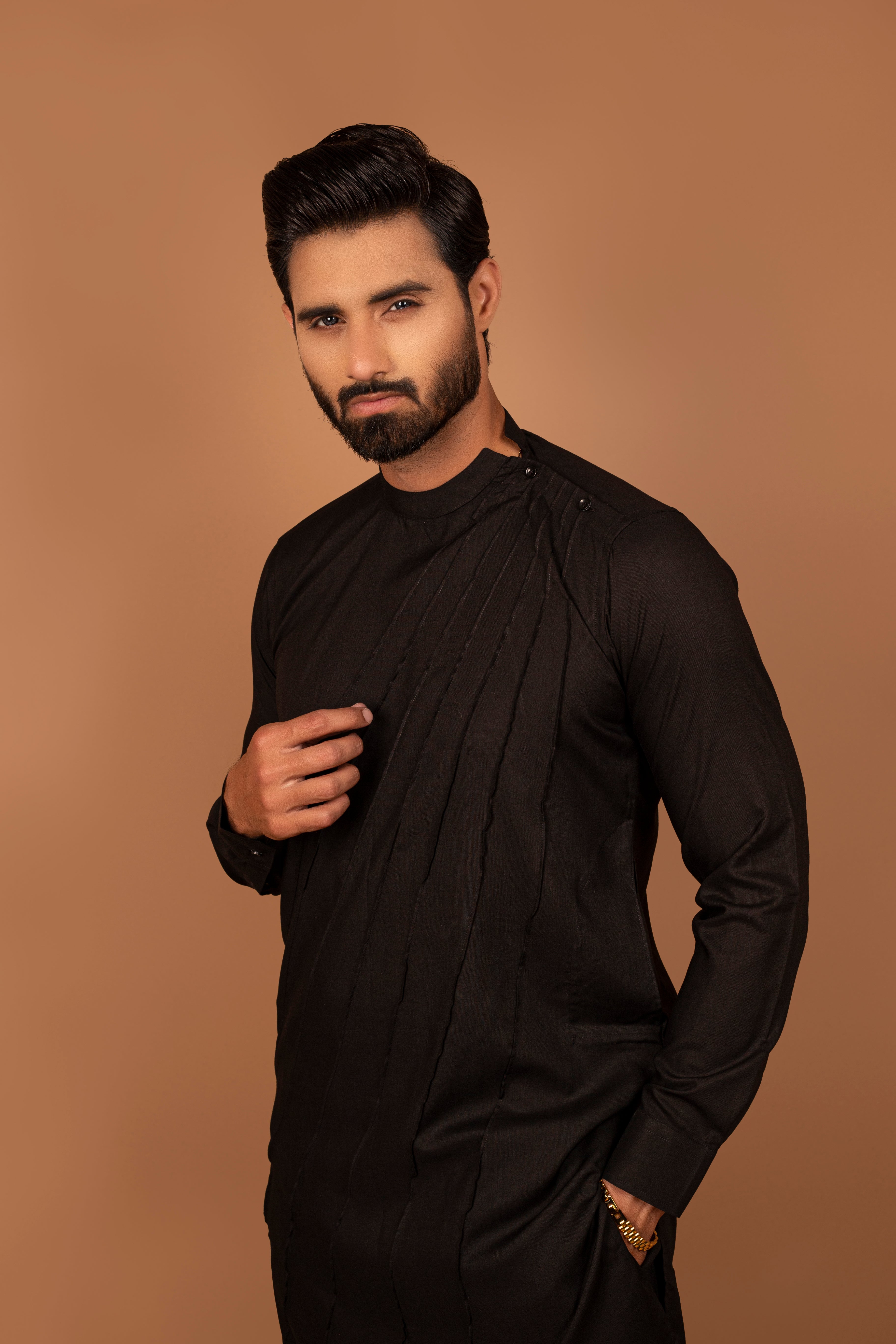 Black Textured Cotton Blend Kurta Pajama (2-Piece) - Image 3