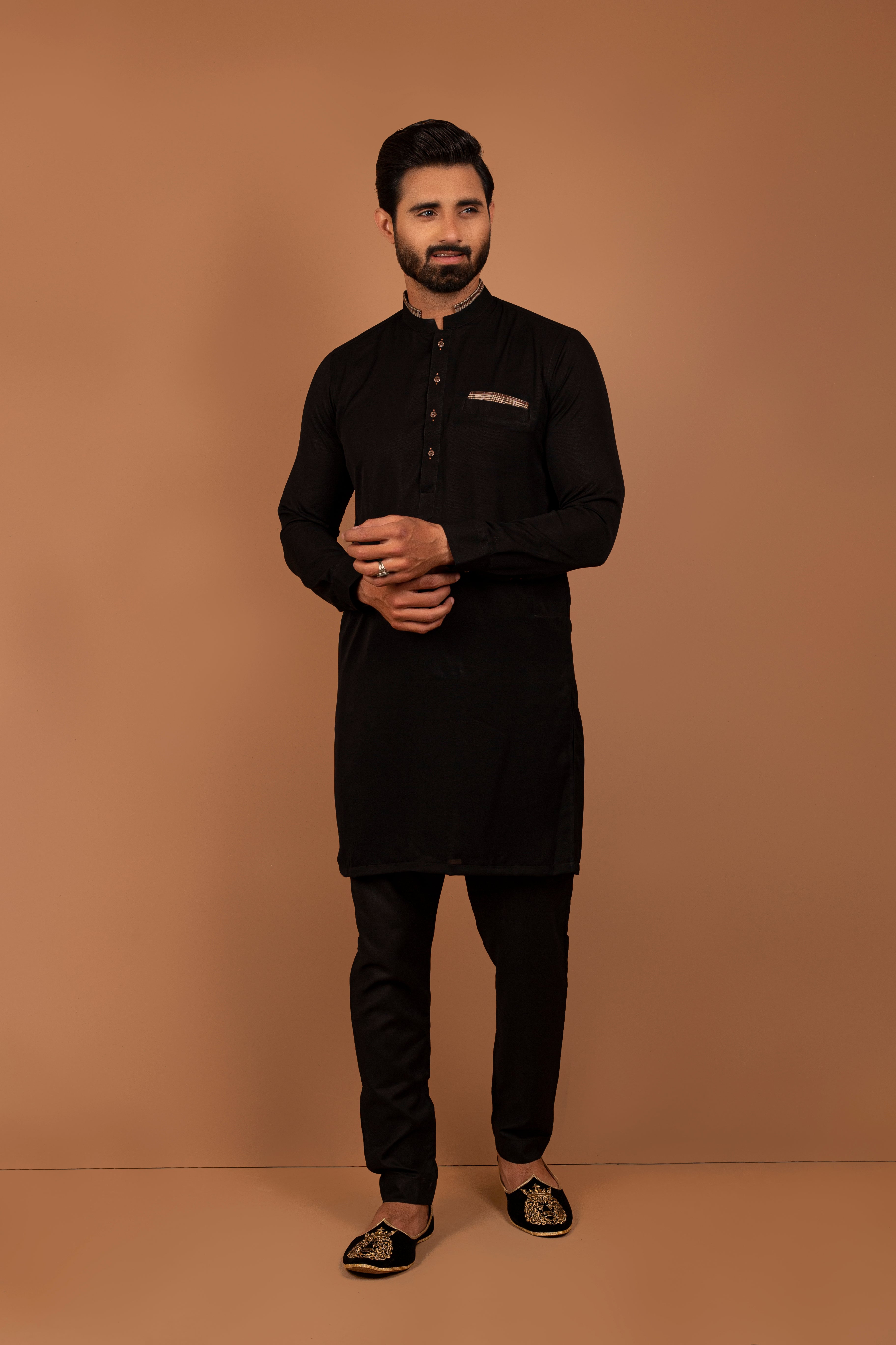 Black Plaid-Piped Cotton Blend Kurta Pajama (2-Piece) - Image 1