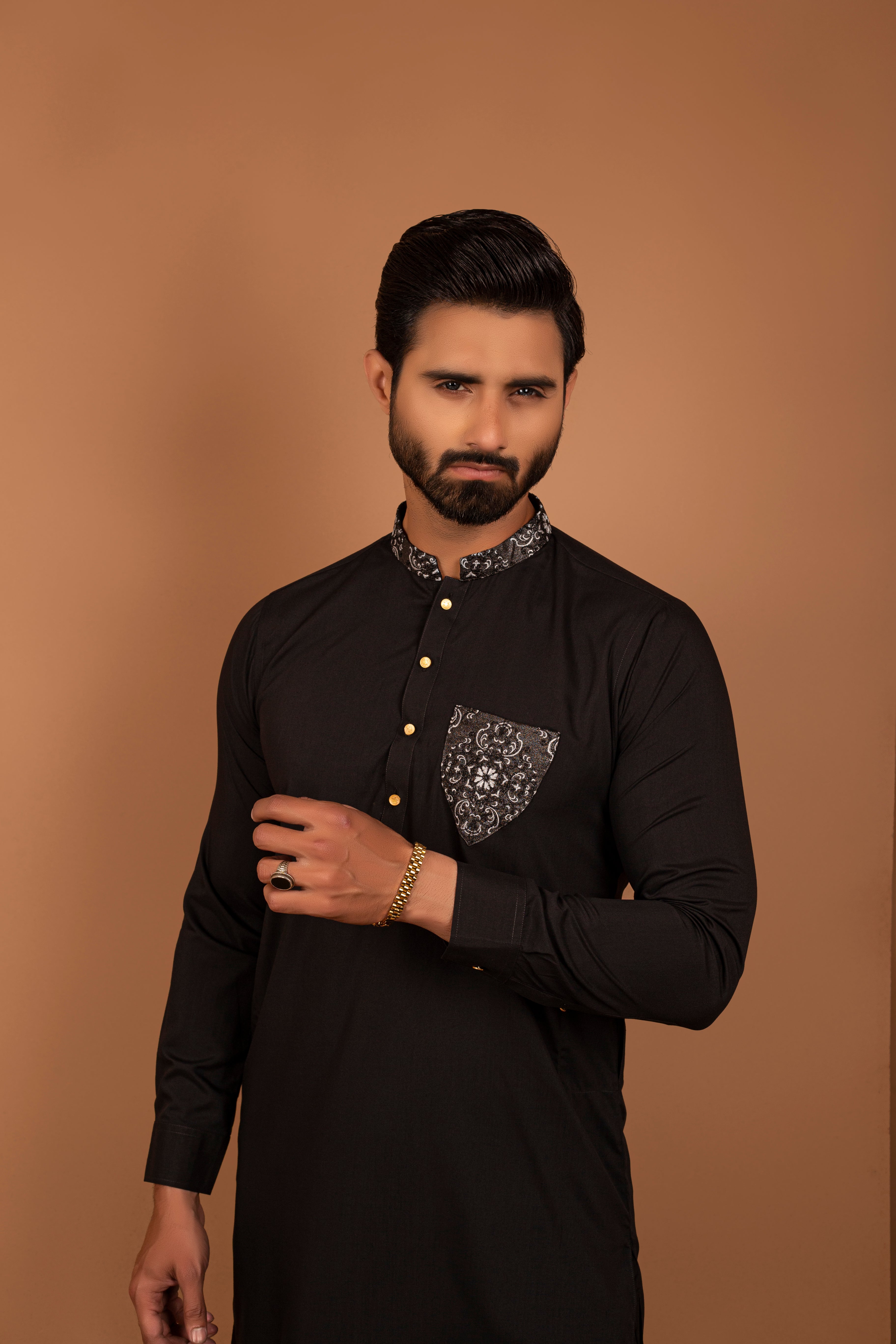 Black Printed Collar Cotton Blend Kurta Pajama (2-Piece) - Image 3