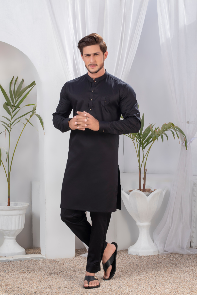 Black Cotton-Blend Kurta Pajama Set (2-Piece) - Image 1