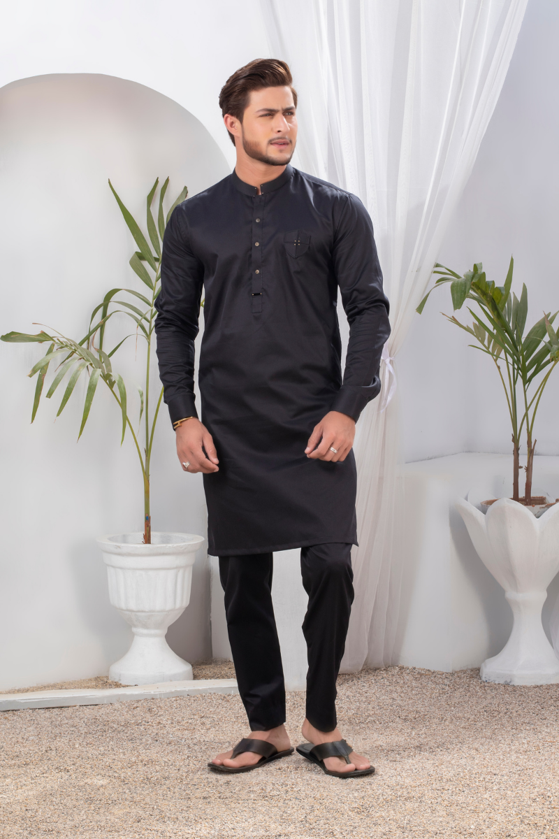 Black Cotton-Blend Kurta Pajama Set (2-Piece) - Image 3