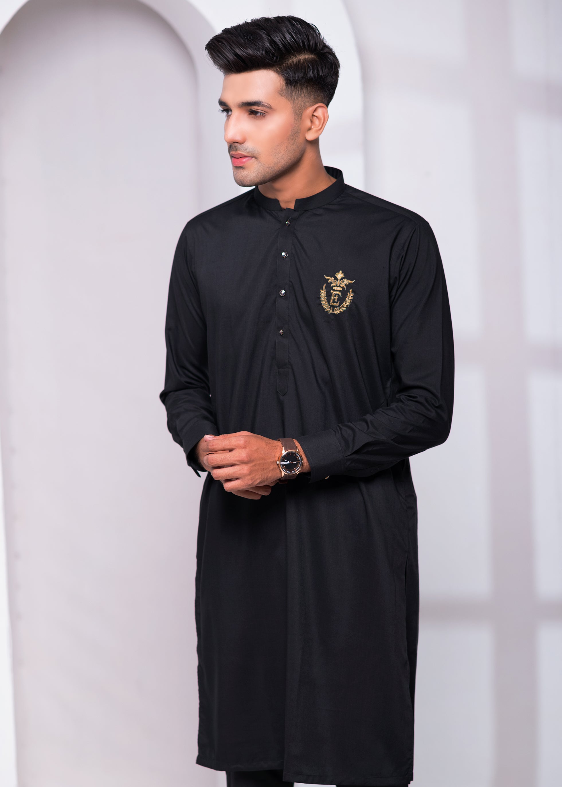 Black Crest Embroidered Cotton Kurta Pajama (2-Piece) - Image 2