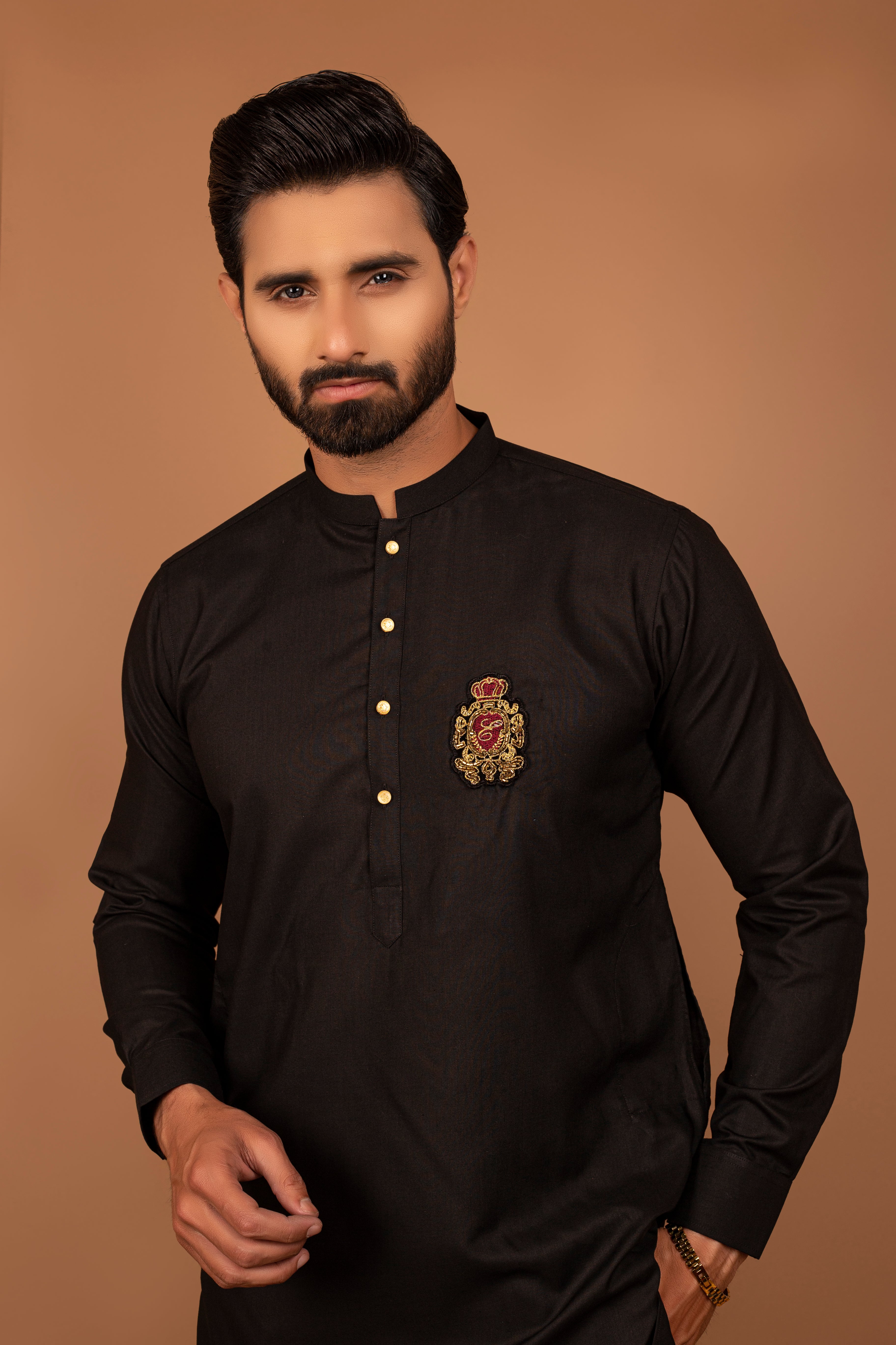 Black Embroidered Cotton Kurta Pajama (2-Piece) - Image 3
