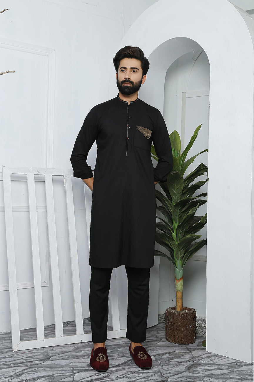 Black Embroidered Cotton Kurta Pajama (2-Piece) - Image 1