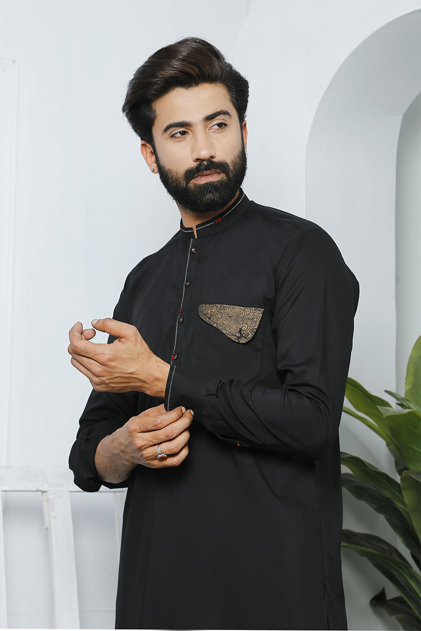 Black Embroidered Cotton Kurta Pajama (2-Piece) - Image 2