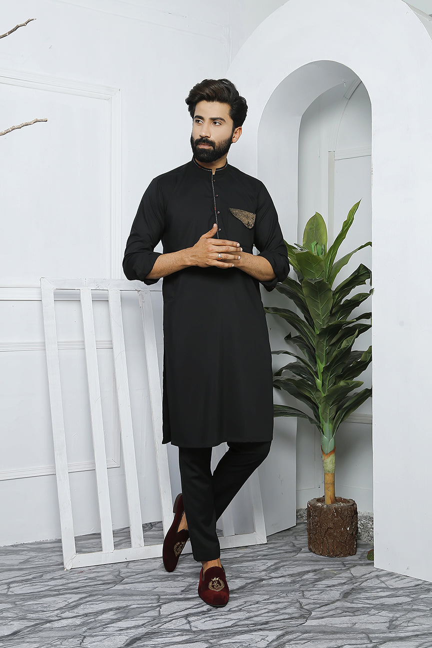 Black Embroidered Cotton Kurta Pajama (2-Piece) - Image 3
