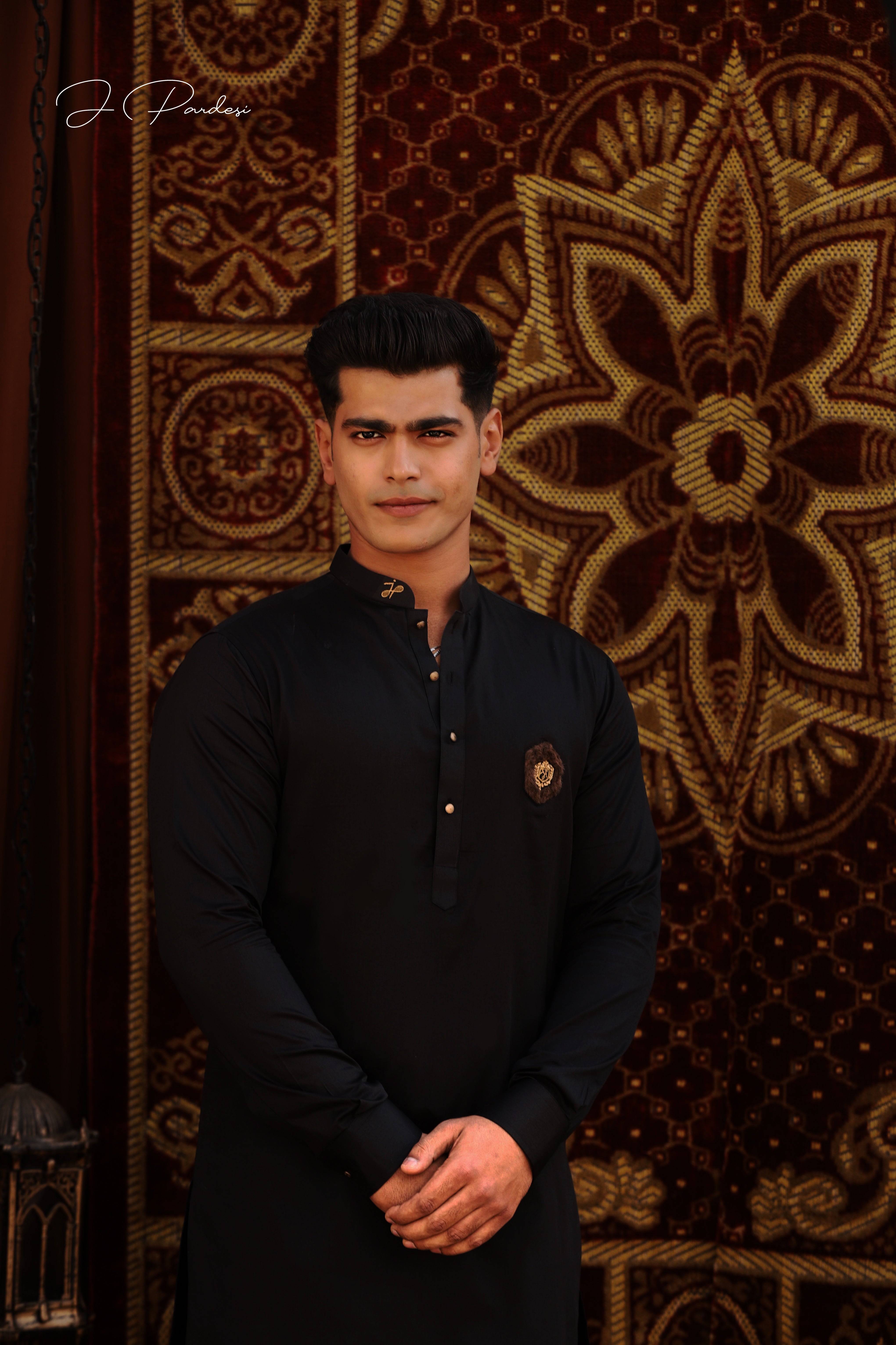 Black Hand Embroidered Cotton Kurta Pajama (2-Piece) - Image 3