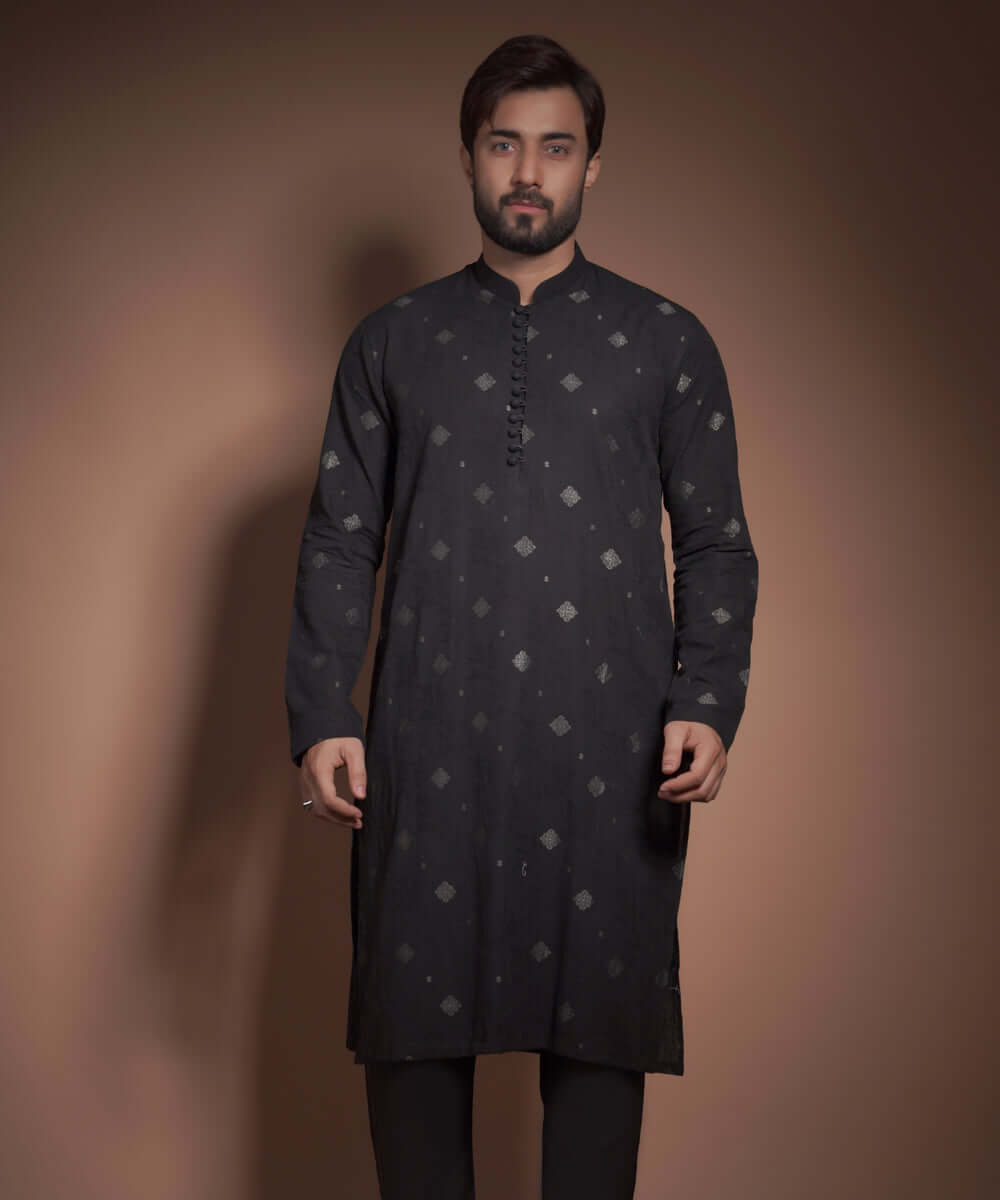 Jet Black Jacquard Cotton Kurta Pajama (2-Piece) - Image 1