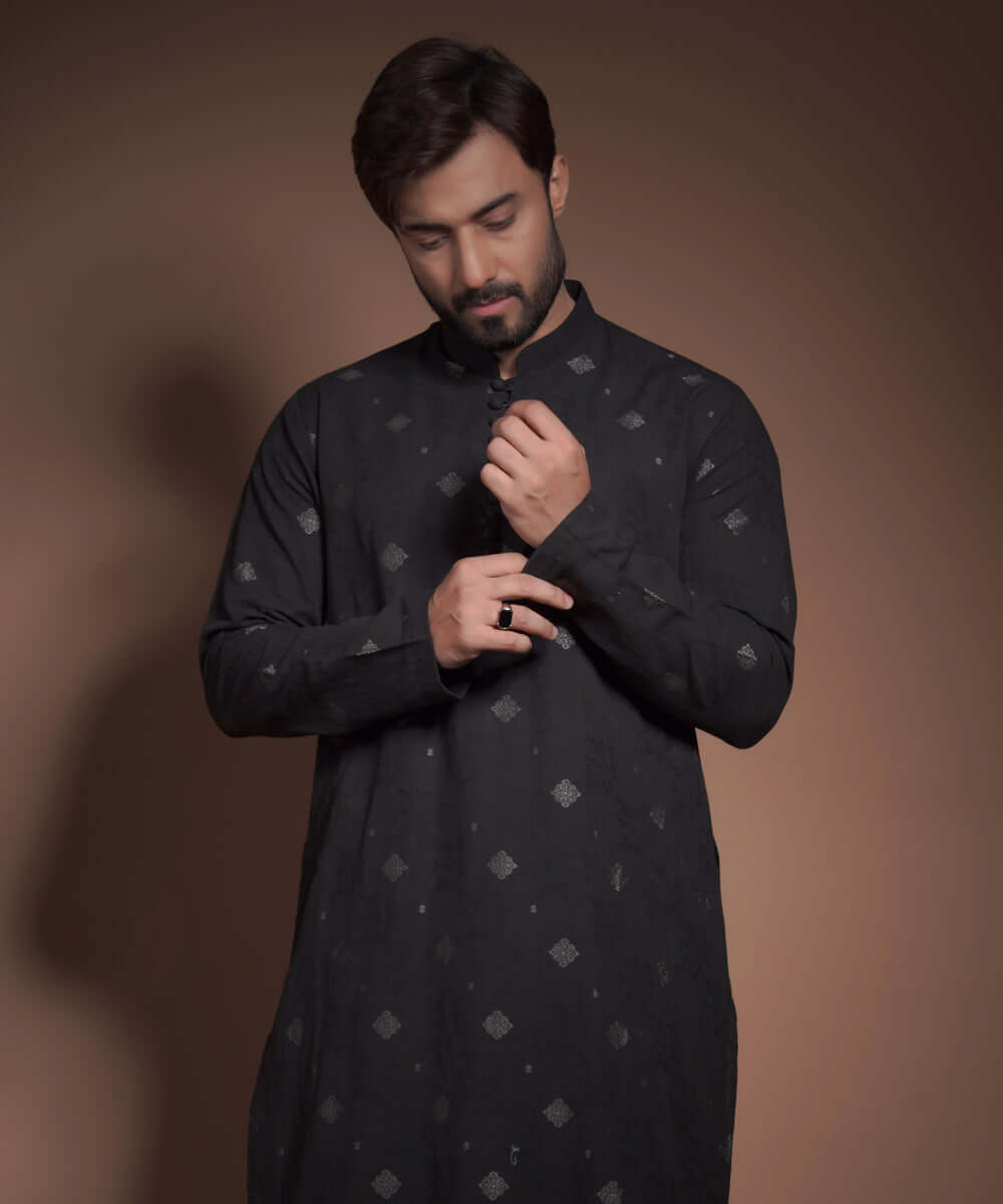 Jet Black Jacquard Cotton Kurta Pajama (2-Piece) - Image 2