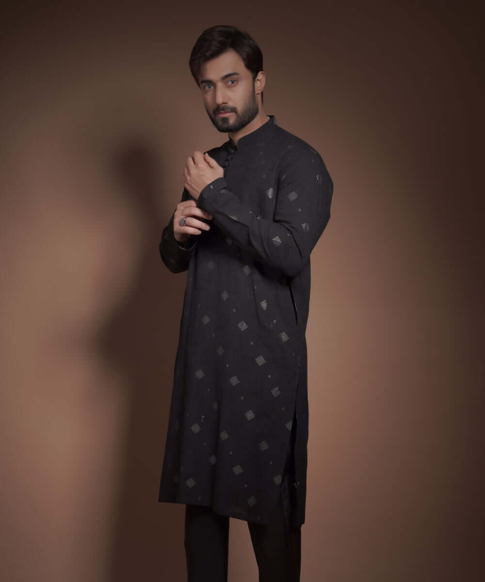 Jet Black Jacquard Cotton Kurta Pajama (2-Piece) - Image 3