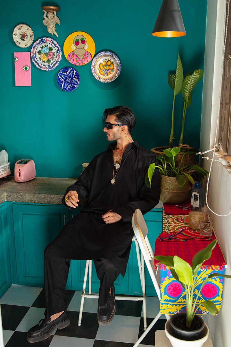 Black Pure Cotton Oversized Kurta Pajama (2-Piece) - Image 3
