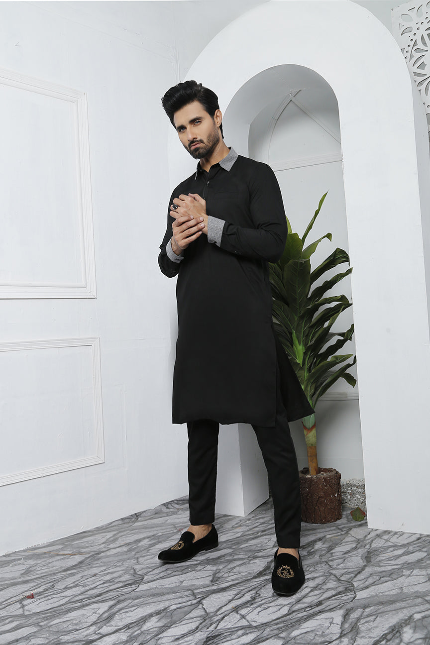 Black Cotton-Polyester Kurta Pajama (2-Piece) - Image 3