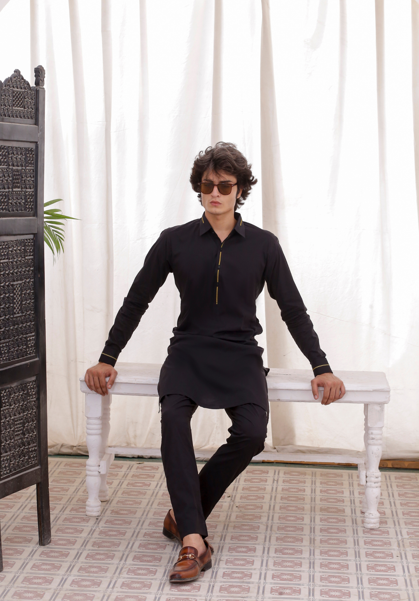 Black Contrast Stitch Cotton-Polyester Kurta Pajama (2-Piece) - Image 5