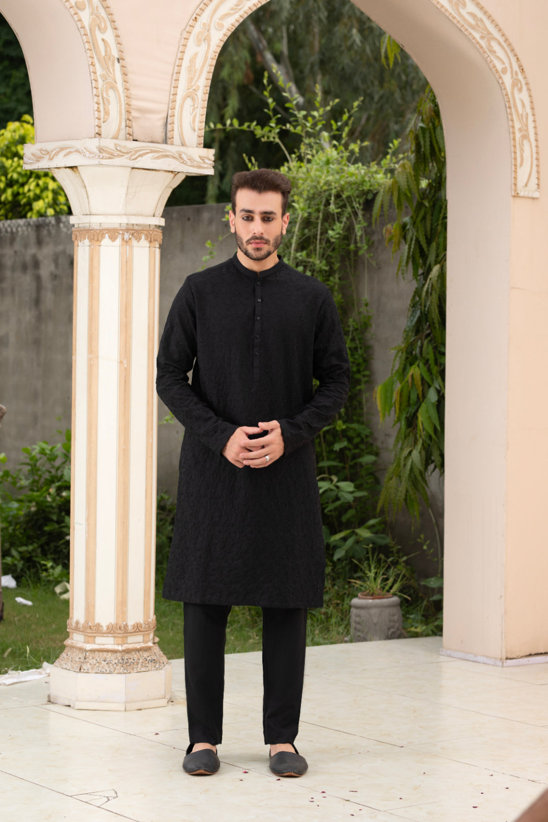 Black Woven Cotton Silk Kurta Pajama (2-Piece) - Image 1