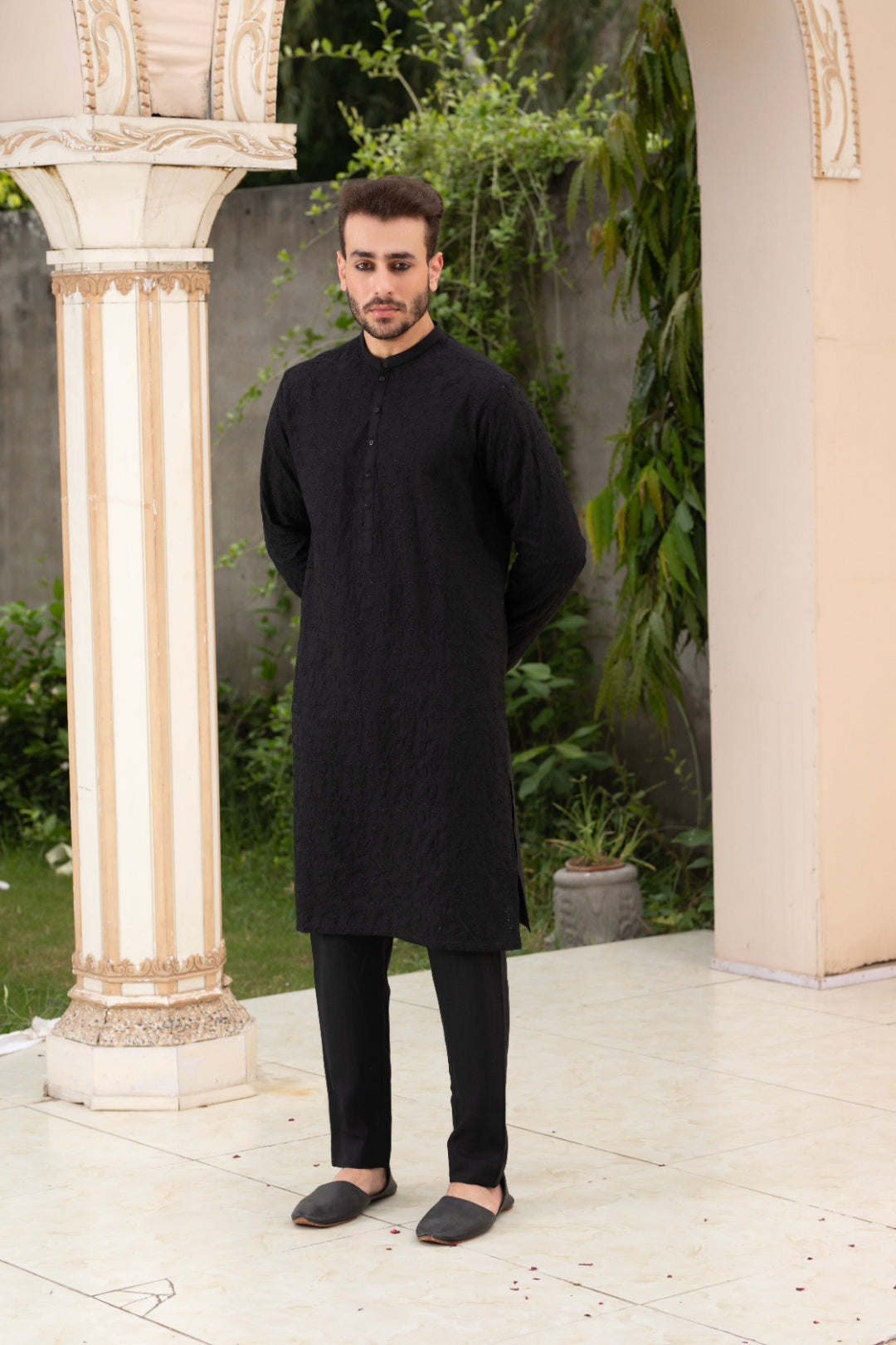 Black Woven Cotton Silk Kurta Pajama (2-Piece) - Image 2