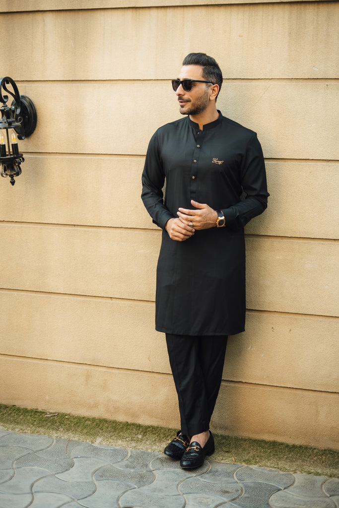 Black Embroidered Cotton Satin Kurta Pajama (2-Piece) - Image 1