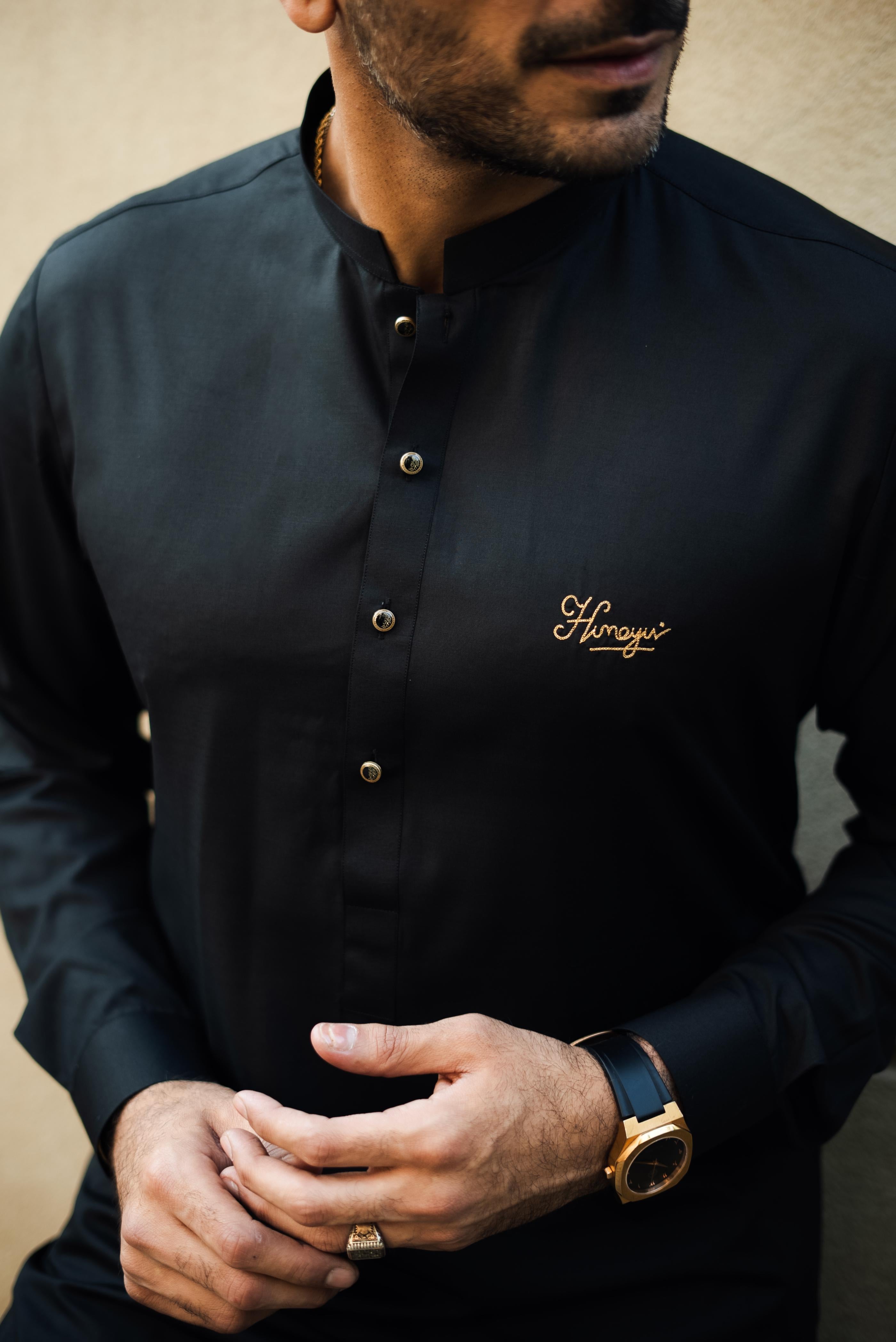 Black Embroidered Cotton Satin Kurta Pajama (2-Piece) - Image 3