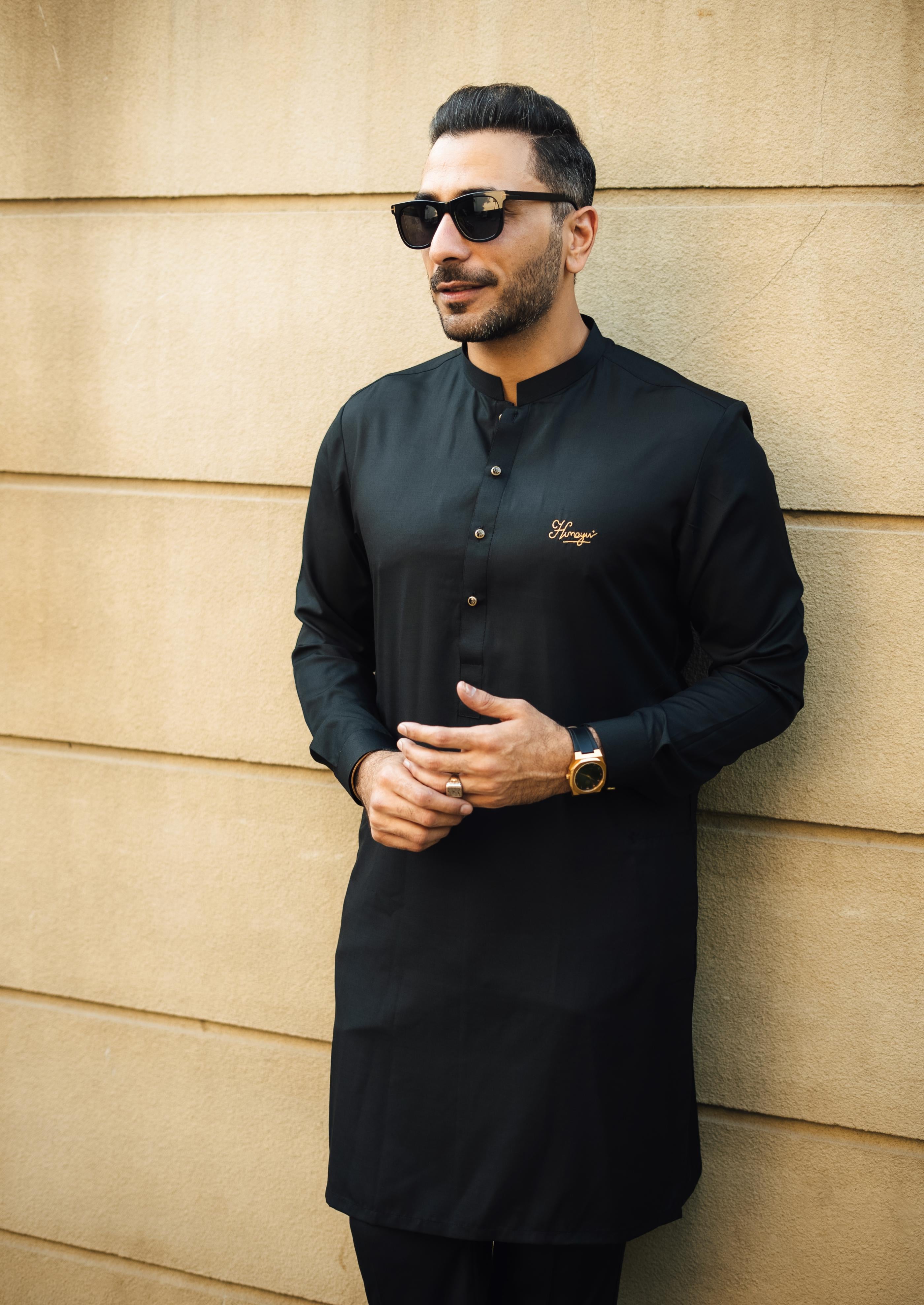Black Embroidered Cotton Satin Kurta Pajama (2-Piece) - Image 4